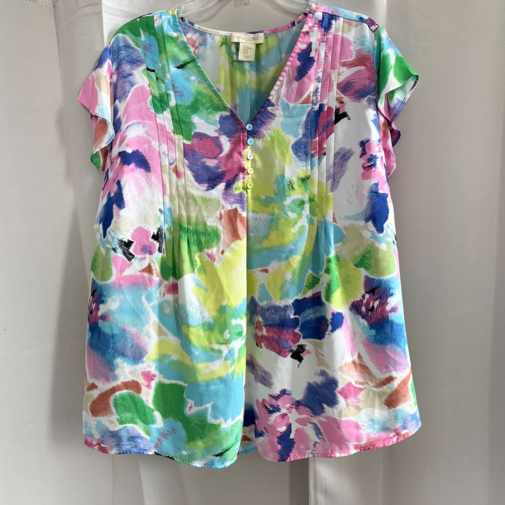 Cynthia Rowley Womens Top Size 1X Floral Watercolor Flutter Cottage Boho 18407x